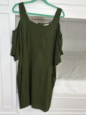 Soft Surroundings Green Cold-Shoulder Linen Blend Dress
